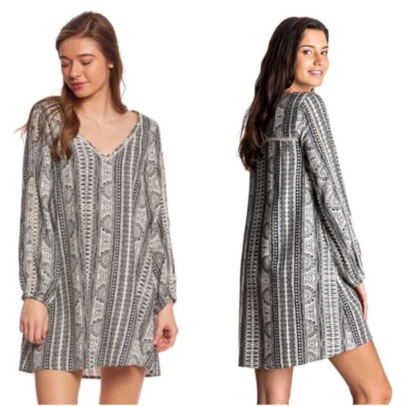 Roxy April Morning Black and White Boho Long Sleeve Mini Dress, Size X-Small - Picture 1 of 4